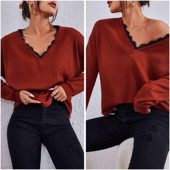 SHEIN Tops - Eyelash Lace Trim V-Neck Waffle Top